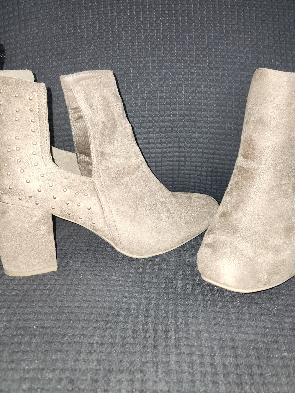 Women’s Beige  Block Heel Ankle Boots With Studs And Cutouts